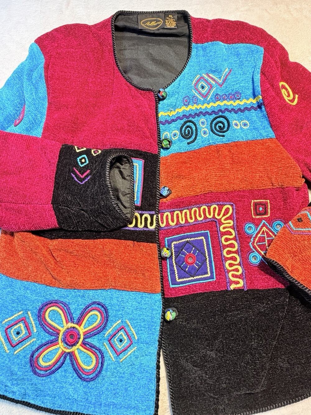 Vintage Allure 90s Art to Wear Chenille Patchwork Embroidered Jacket Boho Sz XL